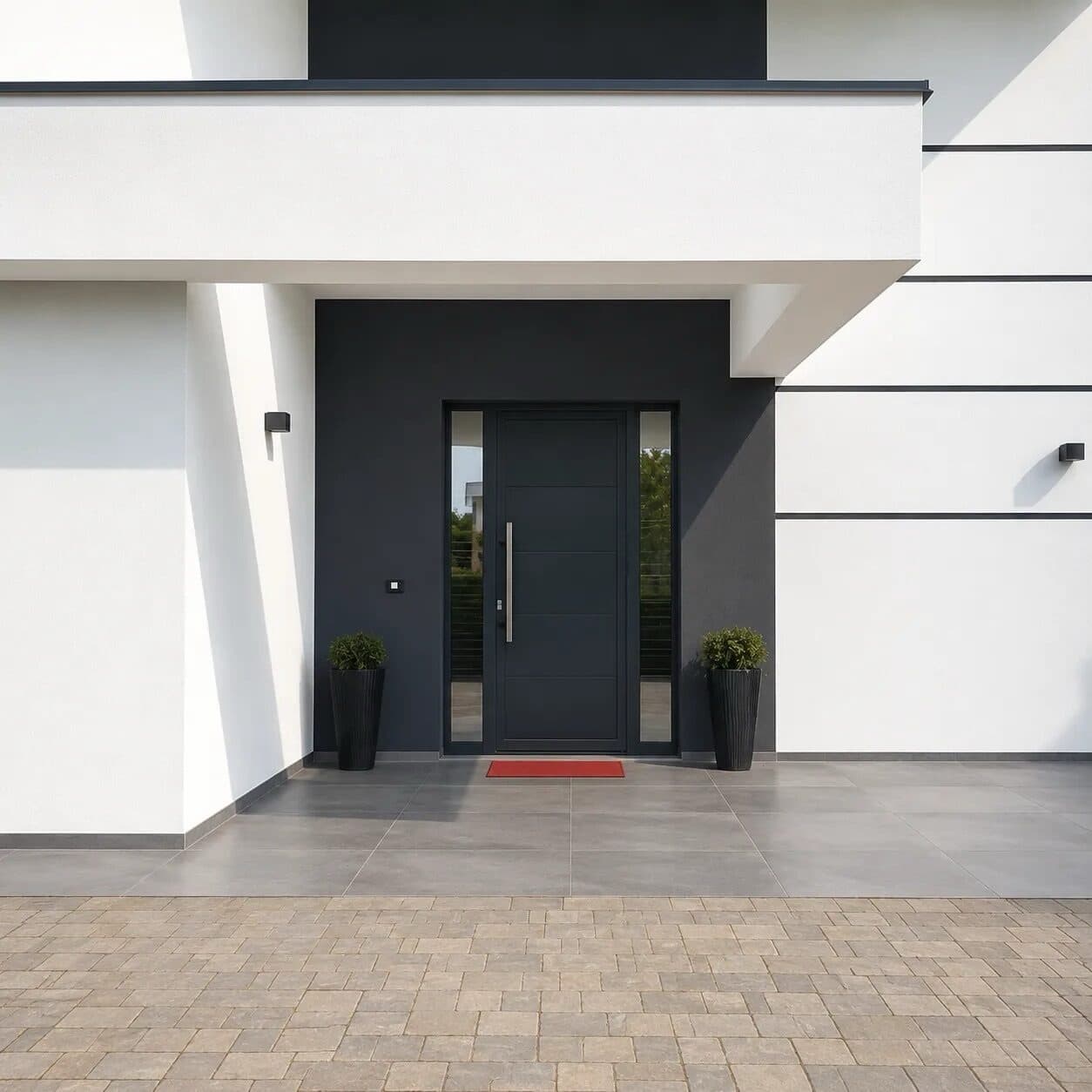 Portoncino d'ingresso in alluminio antracite con maniglione verticale e vetro laterale, sotto il portico di una villa