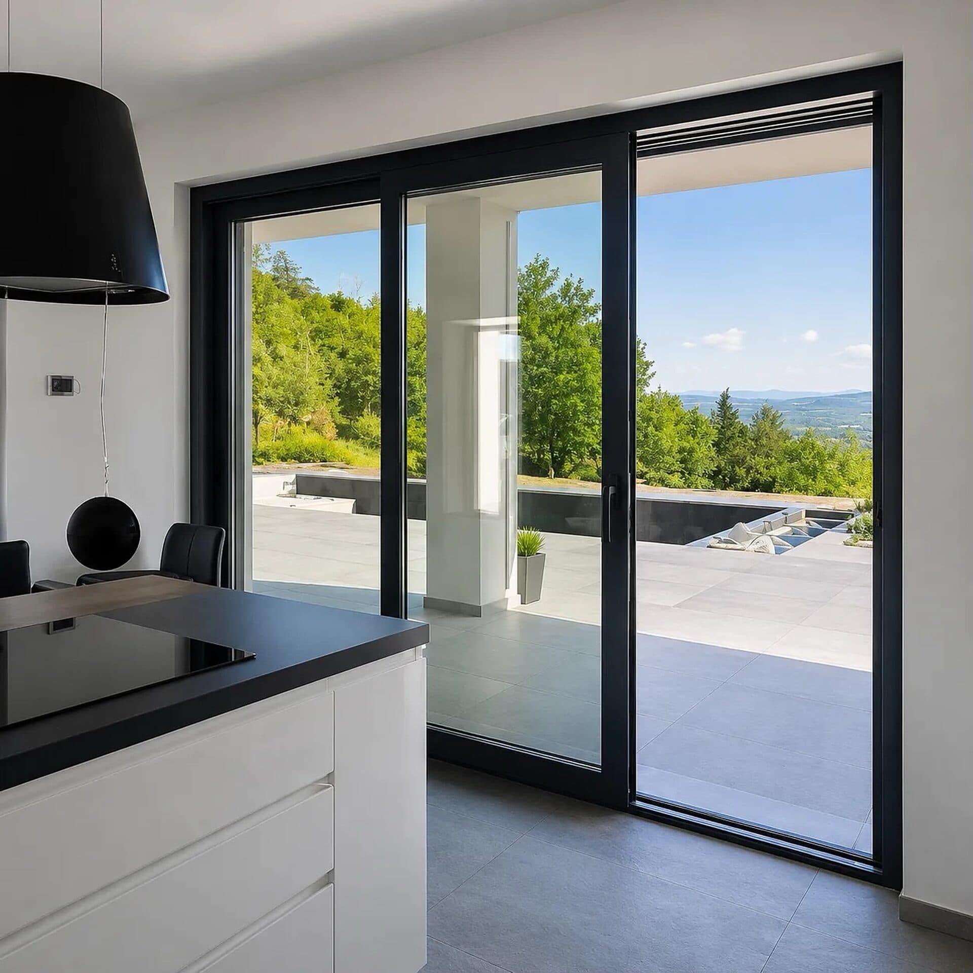Cucina di una villa con uno scorrevole a tre ante in alluminio scuro aperto sul terrazzo e sulle colline