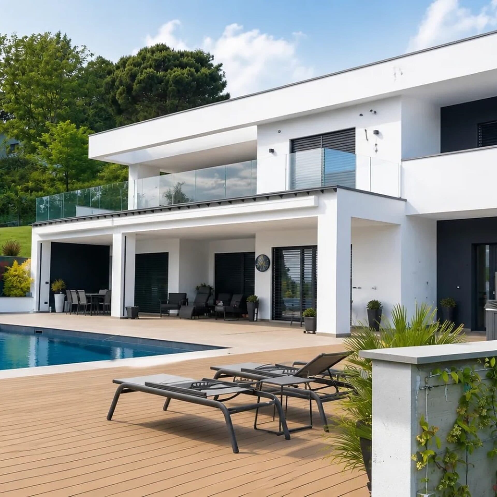 Villa contemporanea bianca con piscina, parapetti in vetro al piano superiore e grandi scorrevoli in alluminio scuro
